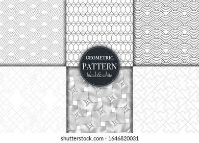 Set of 6 black and white grayscale geometric pattern background. Abstract line, dot retro style vector illustration for wallpaper, flyer, cover, banner, design template minimalistic ornament, backdrop