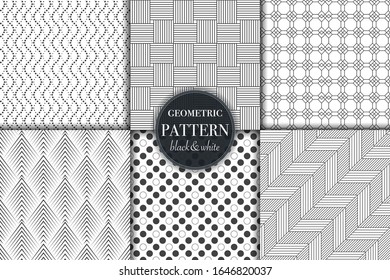 Satz von 6 geometrischen, schwarz-weißem, grauem Muster, Hintergrund. Abstrakte Vektorillustration, mit Punkt-Retro-Stil für Tapete, Flyer, Cover, Banner, minimalistische Designvorlagen, Hintergrund