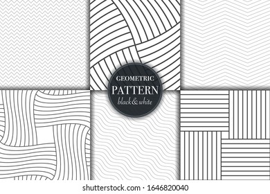 Set of 6 black and white grayscale geometric pattern background. Abstract line, dot retro style vector illustration for wallpaper, flyer, cover, banner, design template minimalistic ornament, backdrop
