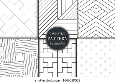 Set of 6 black and white grayscale geometric pattern background. Abstract line, dot retro style vector illustration for wallpaper, flyer, cover, banner, design template minimalistic ornament, backdrop