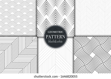 Set of 6 black and white grayscale geometric pattern background. Abstract line, dot retro style vector illustration for wallpaper, flyer, cover, banner, design template minimalistic ornament, backdrop