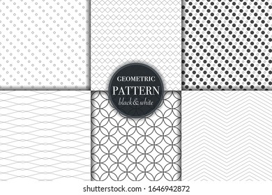Set of 6 black and white grayscale geometric pattern background. Abstract line, dot retro style vector illustration for wallpaper, flyer, cover, banner, design template minimalistic ornament, backdrop