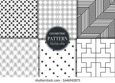 Conjunto de 6 fondo de patrón geométrico en escala de grises en blanco y negro. Línea abstracta, ilustración vectorial de estilo punto retro para papel tapiz, volante, portada, banner, diseño de plantilla de adorno minimalista, fondo