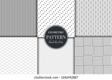 Set of 6 black and white grayscale geometric pattern background. Abstract line, dot retro style vector illustration for wallpaper, flyer, cover, banner, design template minimalistic ornament, backdrop