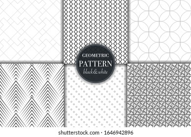 Conjunto de 6 fondo de patrón geométrico en escala de grises en blanco y negro. Línea abstracta, ilustración vectorial de estilo punto retro para papel tapiz, volante, portada, banner, diseño de plantilla de adorno minimalista, fondo