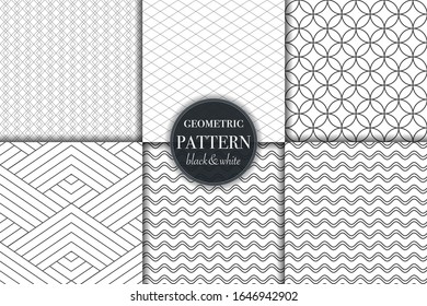 Set of 6 black and white grayscale geometric pattern background. Abstract line, dot retro style vector illustration for wallpaper, flyer, cover, banner, design template minimalistic ornament, backdrop