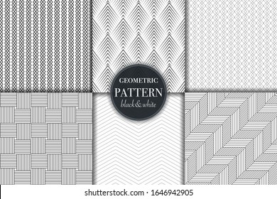 Set of 6 black and white grayscale geometric pattern background. Abstract line, dot retro style vector illustration for wallpaper, flyer, cover, banner, design template minimalistic ornament, backdrop