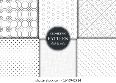 Set of 6 black and white grayscale geometric pattern background. Abstract line, dot retro style vector illustration for wallpaper, flyer, cover, banner, design template minimalistic ornament, backdrop