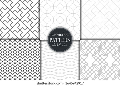 Set of 6 black and white grayscale geometric pattern background. Abstract line, dot retro style vector illustration for wallpaper, flyer, cover, banner, design template minimalistic ornament, backdrop