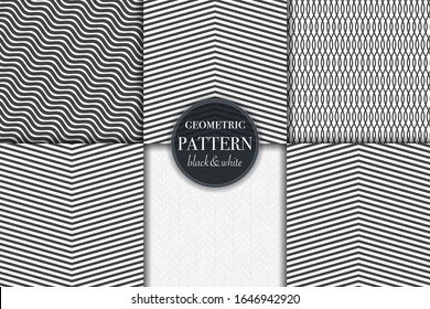 Set of 6 black and white grayscale geometric pattern background. Abstract line, dot retro style vector illustration for wallpaper, flyer, cover, banner, design template minimalistic ornament, backdrop