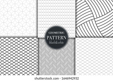 Set of 6 black and white grayscale geometric pattern background. Abstract line, dot retro style vector illustration for wallpaper, flyer, cover, banner, design template minimalistic ornament, backdrop