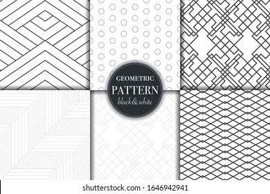 Set of 6 black and white grayscale geometric pattern background. Abstract line, dot retro style vector illustration for wallpaper, flyer, cover, banner, design template minimalistic ornament, backdrop