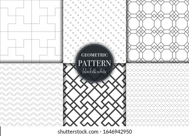 Set of 6 black and white grayscale geometric pattern background. Abstract line, dot retro style vector illustration for wallpaper, flyer, cover, banner, design template minimalistic ornament, backdrop