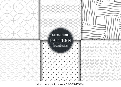 Set of 6 black and white grayscale geometric pattern background. Abstract line, dot retro style vector illustration for wallpaper, flyer, cover, banner, design template minimalistic ornament, backdrop