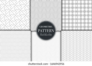 Set of 6 black and white grayscale geometric pattern background. Abstract line, dot retro style vector illustration for wallpaper, flyer, cover, banner, design template minimalistic ornament, backdrop