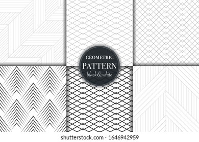 Set of 6 black and white grayscale geometric pattern background. Abstract line, dot retro style vector illustration for wallpaper, flyer, cover, banner, design template minimalistic ornament, backdrop