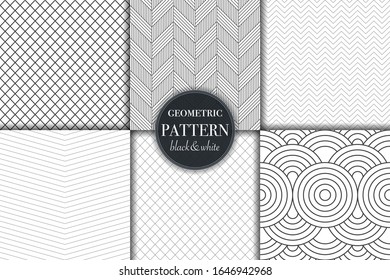 Set of 6 black and white grayscale geometric pattern background. Abstract line, dot retro style vector illustration for wallpaper, flyer, cover, banner, design template minimalistic ornament, backdrop