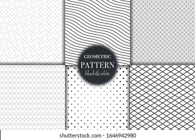 Set of 6 black and white grayscale geometric pattern background. Abstract line, dot retro style vector illustration for wallpaper, flyer, cover, banner, design template minimalistic ornament, backdrop