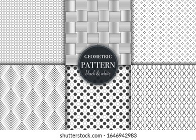 Set of 6 black and white grayscale geometric pattern background. Abstract line, dot retro style vector illustration for wallpaper, flyer, cover, banner, design template minimalistic ornament, backdrop