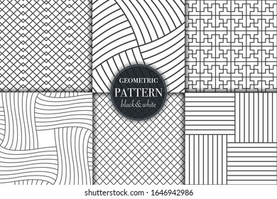 Satz von 6 geometrischen, schwarz-weißem, grauem Muster, Hintergrund. Abstrakte Vektorillustration, mit Punkt-Retro-Stil für Tapete, Flyer, Cover, Banner, minimalistische Designvorlagen, Hintergrund