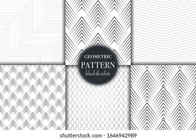 Set of 6 black and white grayscale geometric pattern background. Abstract line, dot retro style vector illustration for wallpaper, flyer, cover, banner, design template minimalistic ornament, backdrop
