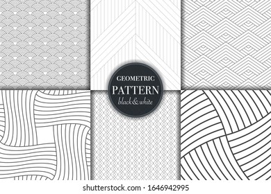 Set of 6 black and white grayscale geometric pattern background. Abstract line, dot retro style vector illustration for wallpaper, flyer, cover, banner, design template minimalistic ornament, backdrop