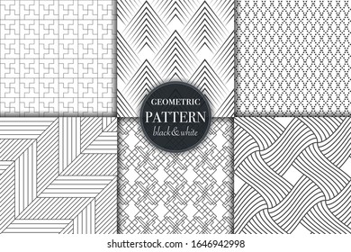 Conjunto de 6 fondo de patrón geométrico en escala de grises en blanco y negro. Línea abstracta, ilustración vectorial de estilo punto retro para papel tapiz, volante, portada, banner, diseño de plantilla de adorno minimalista, fondo