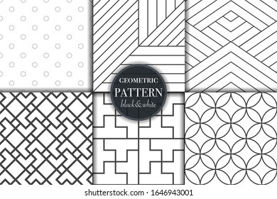 Set of 6 black and white grayscale geometric pattern background. Abstract line, dot retro style vector illustration for wallpaper, flyer, cover, banner, design template minimalistic ornament, backdrop