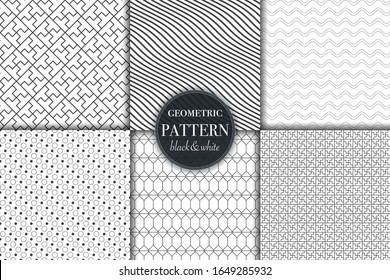 Set of 6 black and white grayscale geometric pattern background. Abstract line, dot retro style vector illustration for wallpaper, flyer, cover, banner, design template minimalistic ornament, backdrop