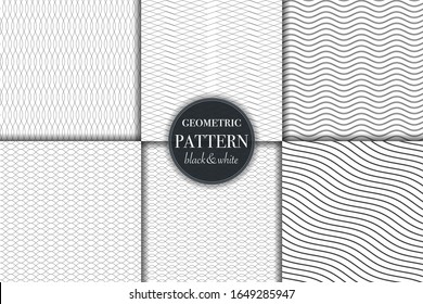 Set of 6 black and white grayscale geometric pattern background. Abstract line, dot retro style vector illustration for wallpaper, flyer, cover, banner, design template minimalistic ornament, backdrop