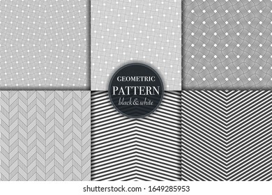 Set of 6 black and white grayscale geometric pattern background. Abstract line, dot retro style vector illustration for wallpaper, flyer, cover, banner, design template minimalistic ornament, backdrop