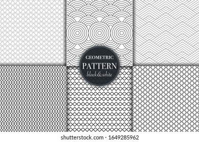 Set of 6 black and white grayscale geometric pattern background. Abstract line, dot retro style vector illustration for wallpaper, flyer, cover, banner, design template minimalistic ornament, backdrop