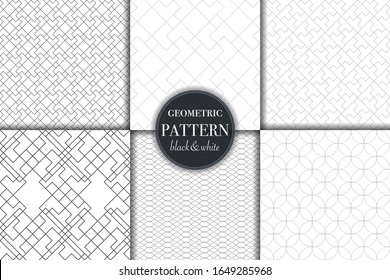 Conjunto de 6 fondo de patrón geométrico en escala de grises en blanco y negro. Línea abstracta, ilustración vectorial de estilo punto retro para papel tapiz, volante, portada, banner, diseño de plantilla de adorno minimalista, fondo