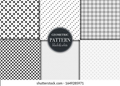 Set of 6 black and white grayscale geometric pattern background. Abstract line, dot retro style vector illustration for wallpaper, flyer, cover, banner, design template minimalistic ornament, backdrop