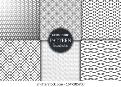 Set of 6 black and white grayscale geometric pattern background. Abstract line, dot retro style vector illustration for wallpaper, flyer, cover, banner, design template minimalistic ornament, backdrop