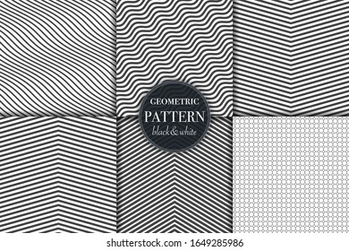Set of 6 black and white grayscale geometric pattern background. Abstract line, dot retro style vector illustration for wallpaper, flyer, cover, banner, design template minimalistic ornament, backdrop