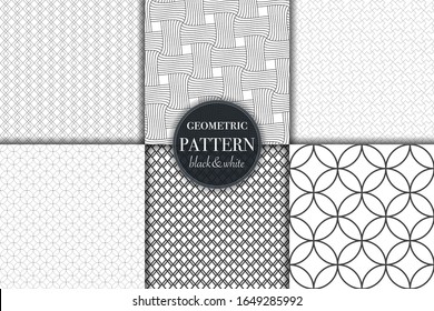 Set of 6 black and white grayscale geometric pattern background. Abstract line, dot retro style vector illustration for wallpaper, flyer, cover, banner, design template minimalistic ornament, backdrop