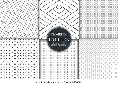 Conjunto de 6 fondo de patrón geométrico en escala de grises en blanco y negro. Línea abstracta, ilustración vectorial de estilo punto retro para papel tapiz, volante, portada, banner, diseño de plantilla de adorno minimalista, fondo