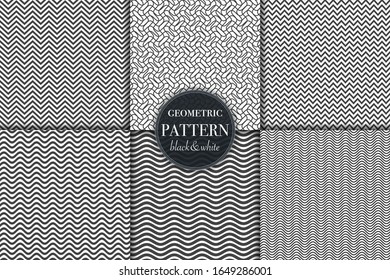 Set of 6 black and white grayscale geometric pattern background. Abstract line, dot retro style vector illustration for wallpaper, flyer, cover, banner, design template minimalistic ornament, backdrop