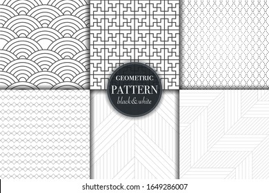 Set of 6 black and white grayscale geometric pattern background. Abstract line, dot retro style vector illustration for wallpaper, flyer, cover, banner, design template minimalistic ornament, backdrop