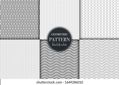 Set of 6 black and white grayscale geometric pattern background. Abstract line, dot retro style vector illustration for wallpaper, flyer, cover, banner, design template minimalistic ornament, backdrop