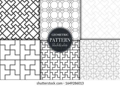 Set of 6 black and white grayscale geometric pattern background. Abstract line, dot retro style vector illustration for wallpaper, flyer, cover, banner, design template minimalistic ornament, backdrop