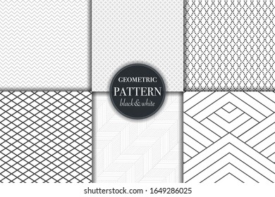 Set of 6 black and white grayscale geometric pattern background. Abstract line, dot retro style vector illustration for wallpaper, flyer, cover, banner, design template minimalistic ornament, backdrop