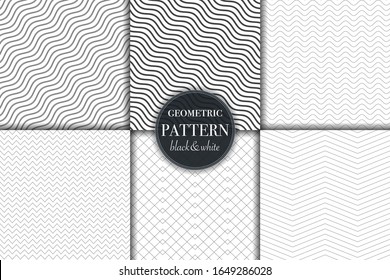 Set of 6 black and white grayscale geometric pattern background. Abstract line, dot retro style vector illustration for wallpaper, flyer, cover, banner, design template minimalistic ornament, backdrop