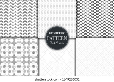 Set of 6 black and white grayscale geometric pattern background. Abstract line, dot retro style vector illustration for wallpaper, flyer, cover, banner, design template minimalistic ornament, backdrop