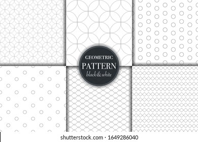 Conjunto de 6 fondo de patrón geométrico en escala de grises en blanco y negro. Línea abstracta, ilustración vectorial de estilo punto retro para papel tapiz, volante, portada, banner, diseño de plantilla de adorno minimalista, fondo