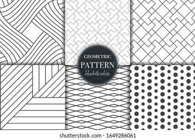 Set of 6 black and white grayscale geometric pattern background. Abstract line, dot retro style vector illustration for wallpaper, flyer, cover, banner, design template minimalistic ornament, backdrop