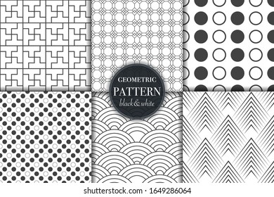 Set of 6 black and white grayscale geometric pattern background. Abstract line, dot retro style vector illustration for wallpaper, flyer, cover, banner, design template minimalistic ornament, backdrop