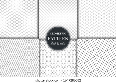 Set of 6 black and white grayscale geometric pattern background. Abstract line, dot retro style vector illustration for wallpaper, flyer, cover, banner, design template minimalistic ornament, backdrop