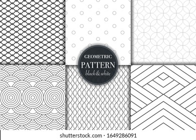 Set of 6 black and white grayscale geometric pattern background. Abstract line, dot retro style vector illustration for wallpaper, flyer, cover, banner, design template minimalistic ornament, backdrop